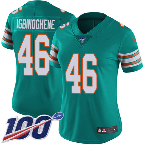Nike Miami Dolphins #46 Noah Igbinoghene Aqua Green Alternate Women Stitched NFL 100th Season Vapor Untouchable Limited Jersey->women nfl jersey->Women Jersey